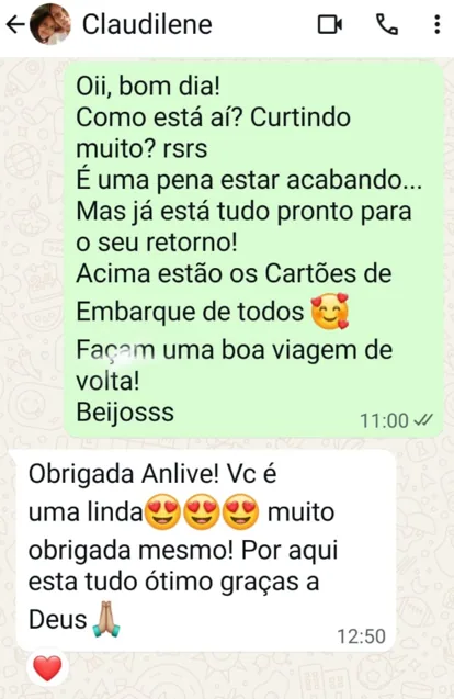 Print de conversa de cliente no WhatsApp da Viaje Bem